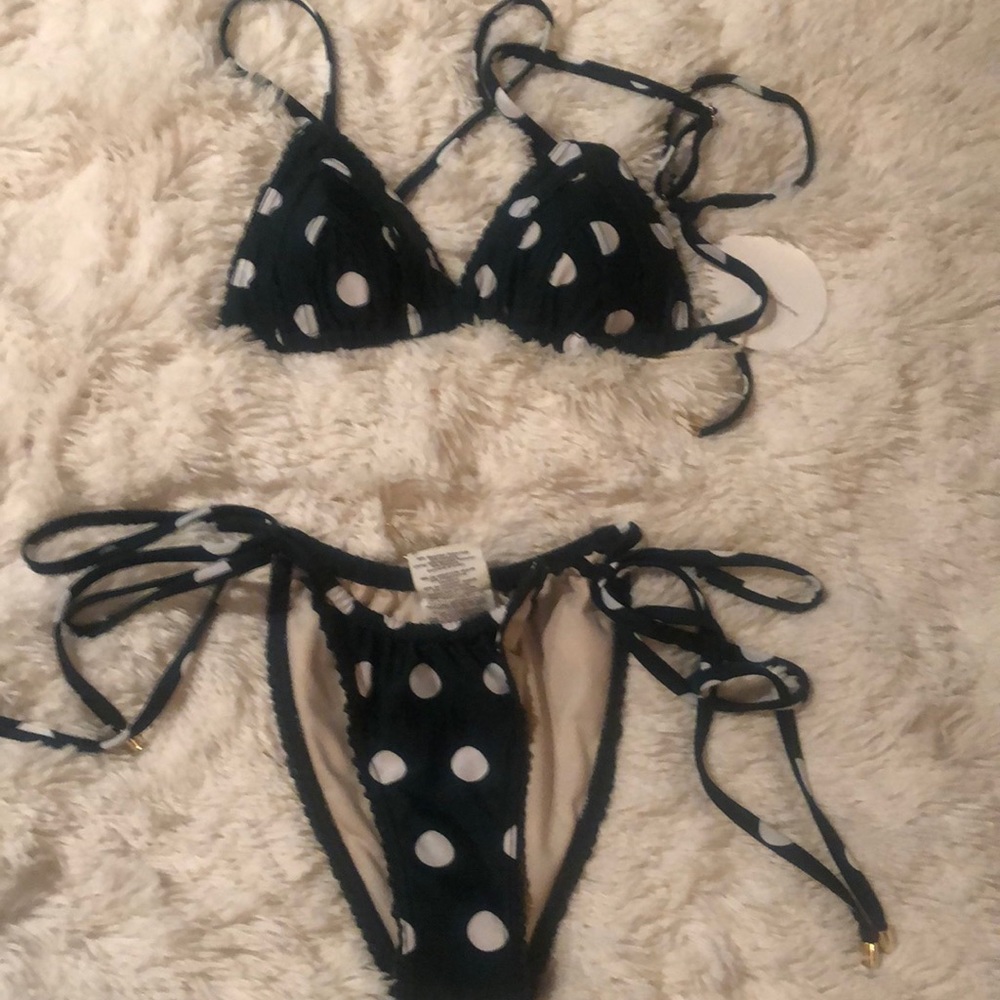Bathing suit 2 piece green and white polka dot